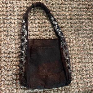 Brown Suede Shoulder Bag with Embellished Strap